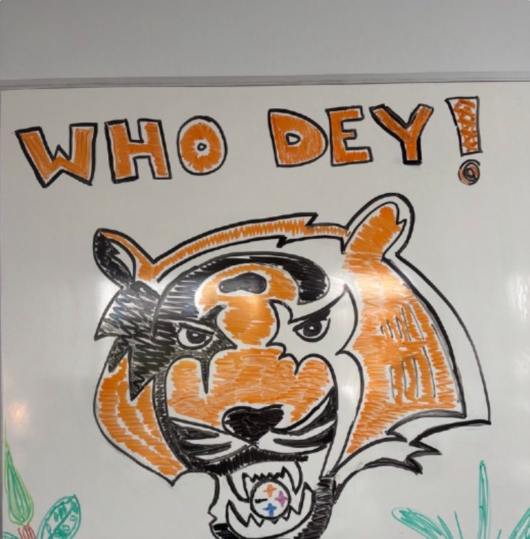 Whiteboard drawing of a Bengals tiger with WHO DEY! lettering, by Amanda Keen
