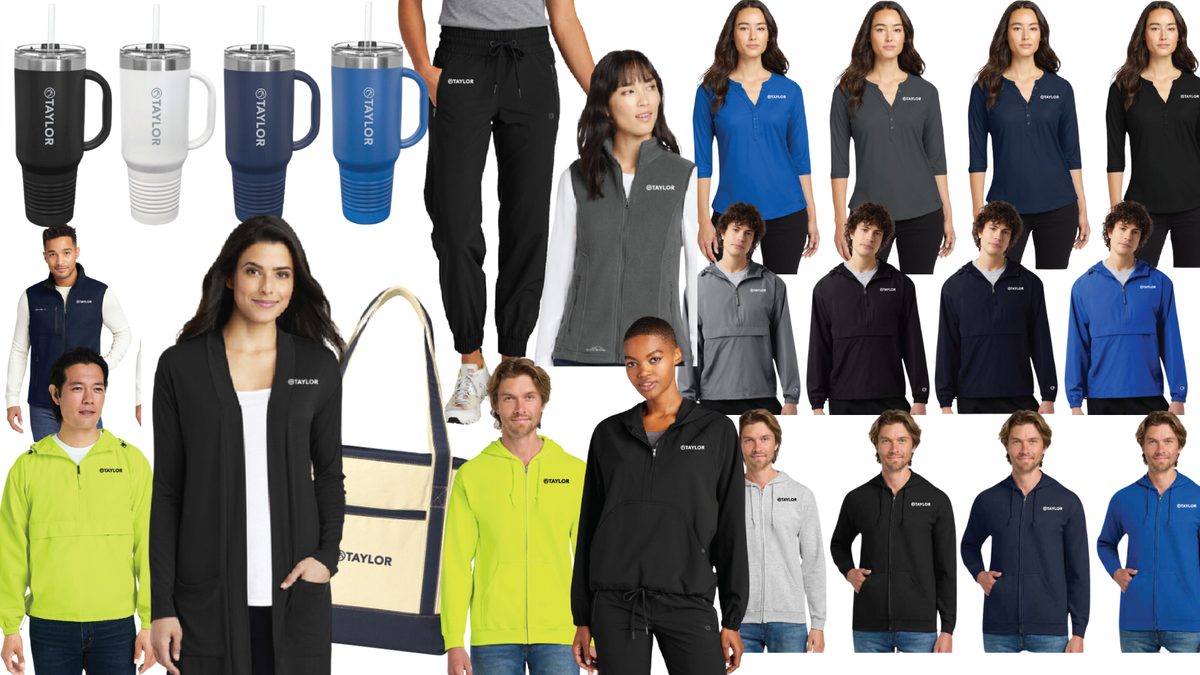 Taylor branded apparel, jackets, tumblers and bags available in the swag store
